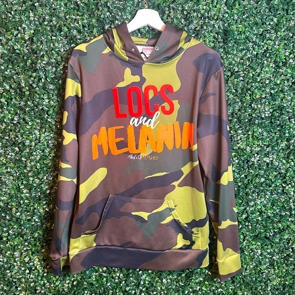Adult Men Camo Locs and Melanin Satin Hoodie Medium Dreadlocks Rasta Long Sleeve